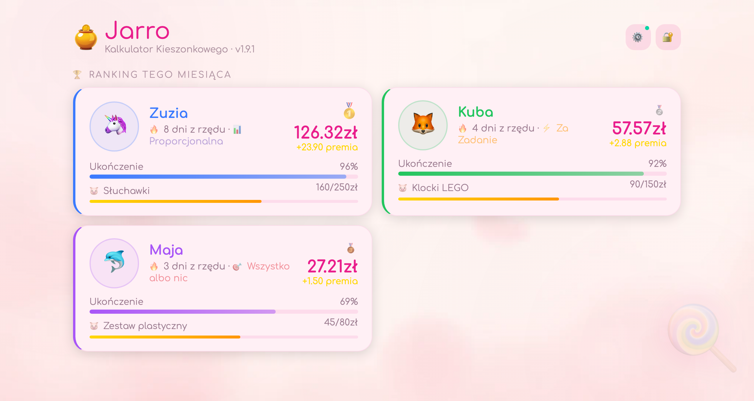 Tablica Jarro w motywie Candy — pastelowe róże i lizak w tle
